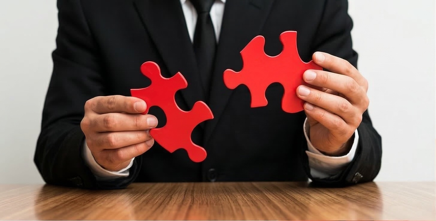 Hands holding red puzzle pieces together